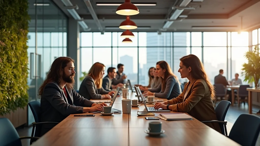 Modern Orange County coworking hub with tech professionals brainstorming, open laptops, greenery, and city views in EvoNexus or WeWork Spectrum.