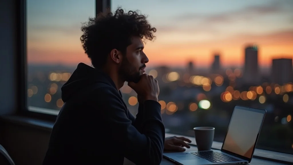 Pensive young Orange County tech engineer considering a startup job offer on a modern apartment balcony with skyline views, closed laptop, coffee mug. Orange County tech job market visual.