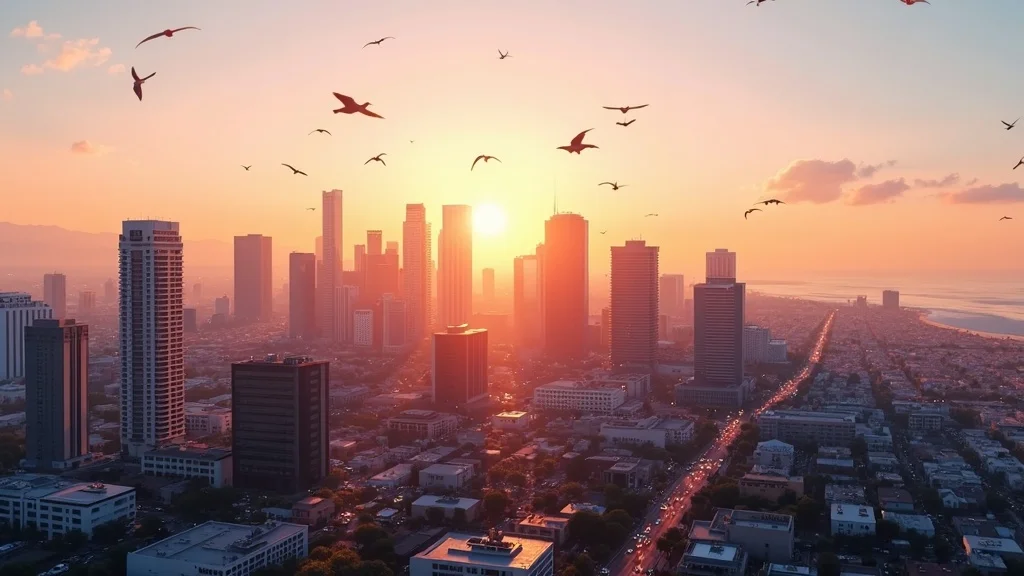 Vibrant Orange County tech hub skyline, golden hour, modern high-rise buildings, panoramic city with ocean views, bustling tech environment &ndash; orange county tech startup ai-first business model