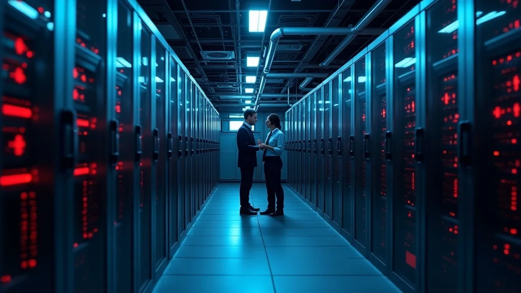 High-tech data center, professionals monitoring AI servers, precise Orange County climate-controlled room, racks of servers &ndash; tech startup ai infrastructure