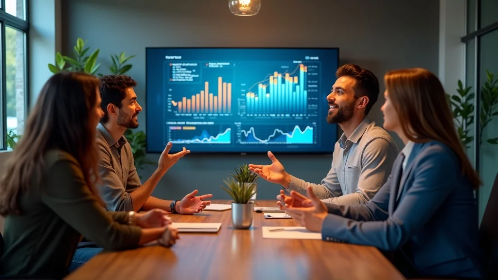 Thriving Orange County AI startup founders presenting data growth and AI dashboards to investors in a modern pitch room