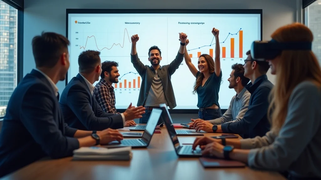 Dynamic and victorious team of Orange County startup engineers, gathered by a digital whiteboard and screens with growth charts, high-tech office vibes for successful tech staffing team.