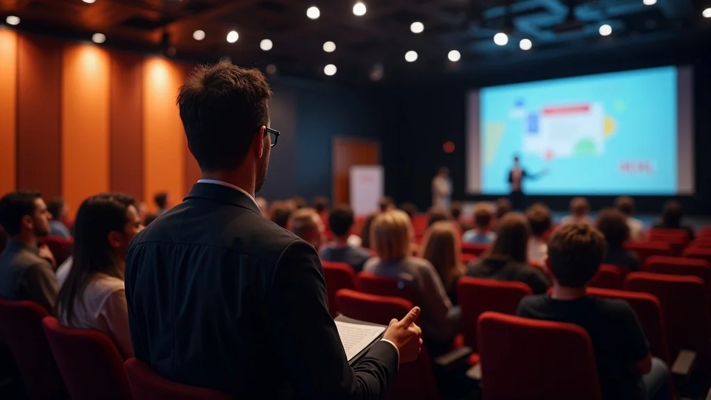 Confident Orange County founder pitching to investors at a modern UCI Beall Applied Innovation auditorium, dynamic body language, spotlit stage.