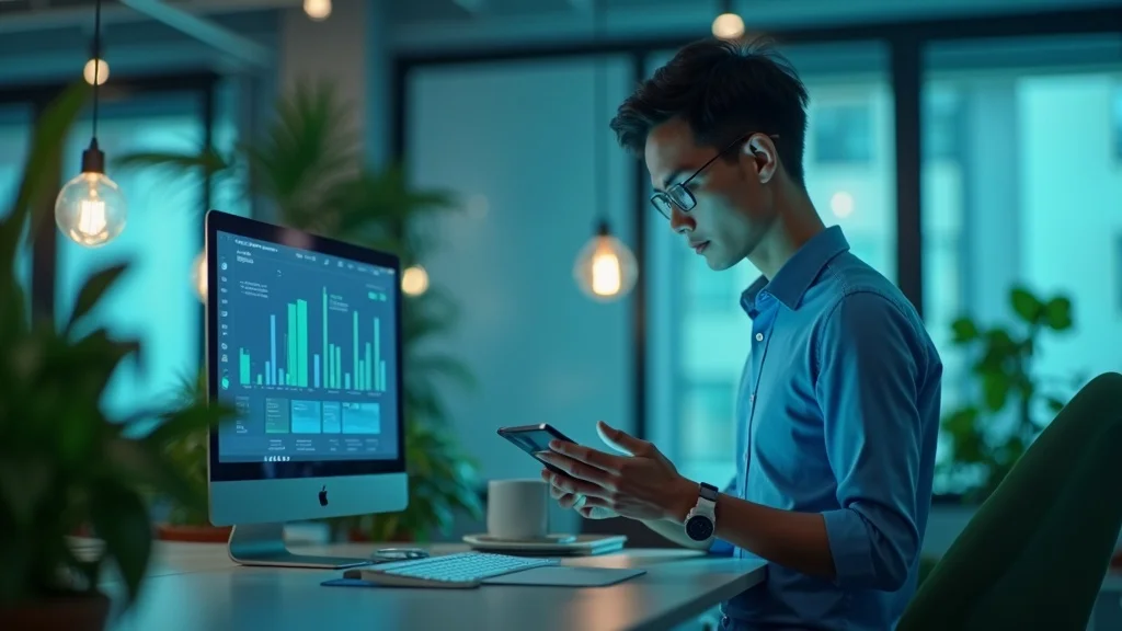 Data-driven startup growth hacks: entrepreneur analyzing metrics on tablet to optimize performance in a minimalist open office