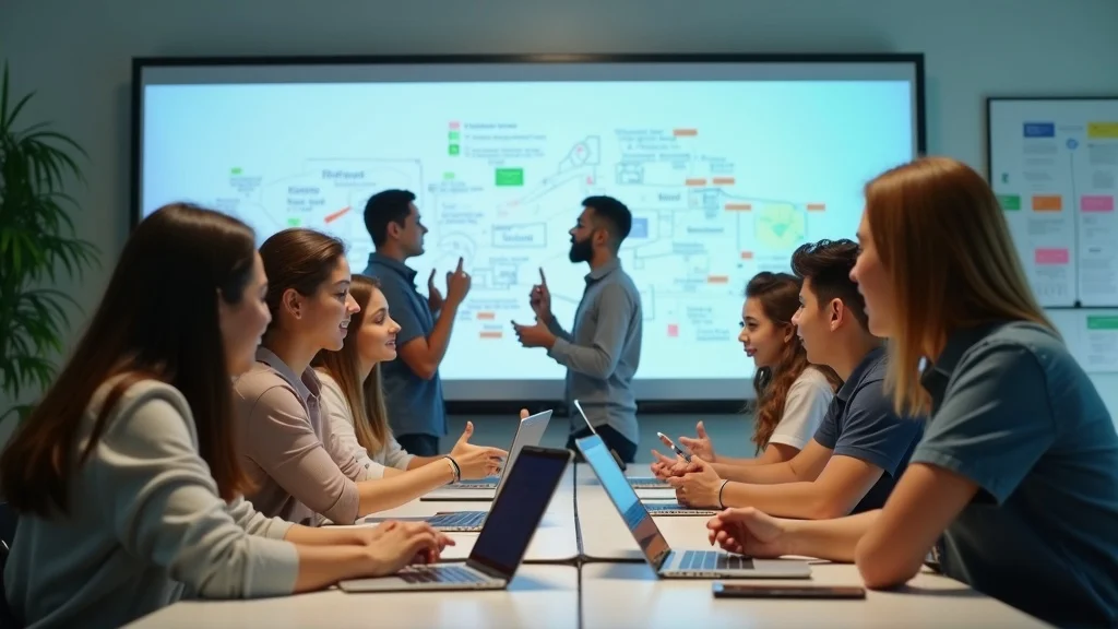Energetic tech internship workshop at UC Irvine, students and startup mentors brainstorming with digital tablets and whiteboard, banners in the background. Talent pipeline for Orange County startups.