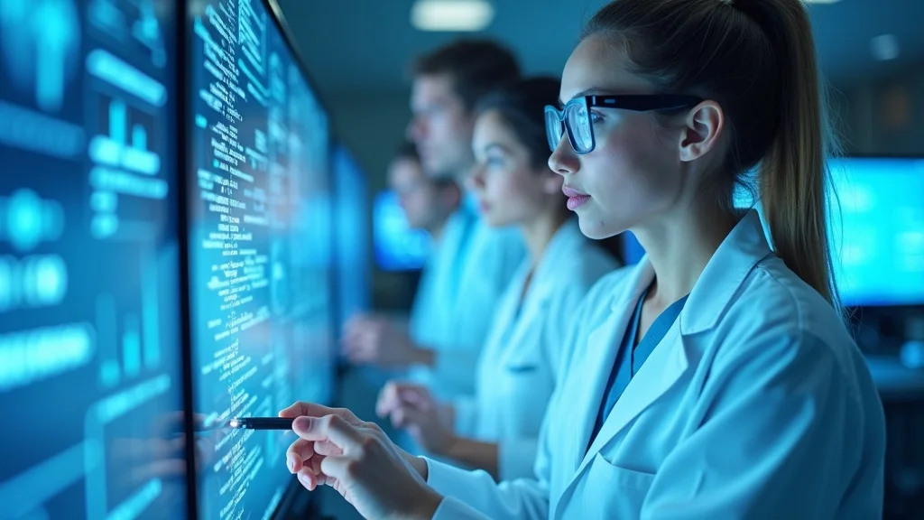 Dynamic Orange County med-tech AI lab with medical researchers and tech specialists analyzing digital diagnostic results