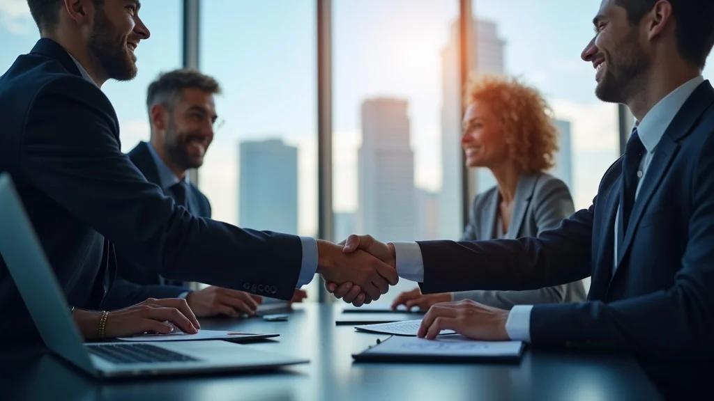 Orange County fintech founders shaking hands with sponsor bank partners in a boardroom, underscoring strong partnership compliance for startup fintech compliance Orange County
