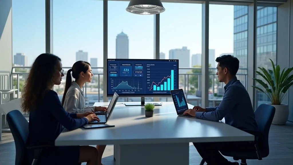 Cloudvirga fintech team collaborating on mortgage automation dashboards, with Orange County high-rise view