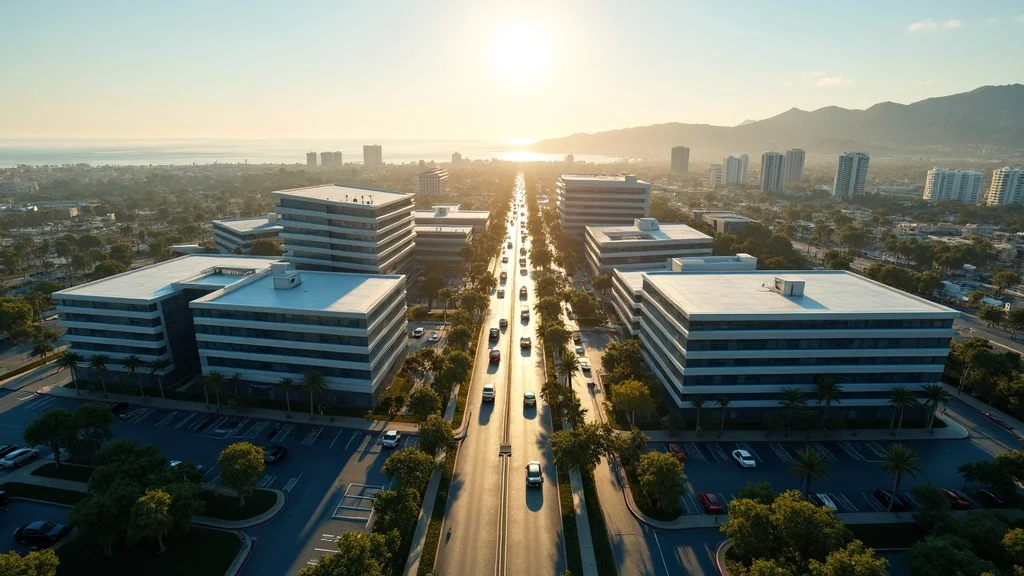 Aerial view of Irvine Spectrum and Newport Beach: sleek tech office buildings, greenery, coastline, and people entering high-rises. Spotlight on tech staffing in Orange County.