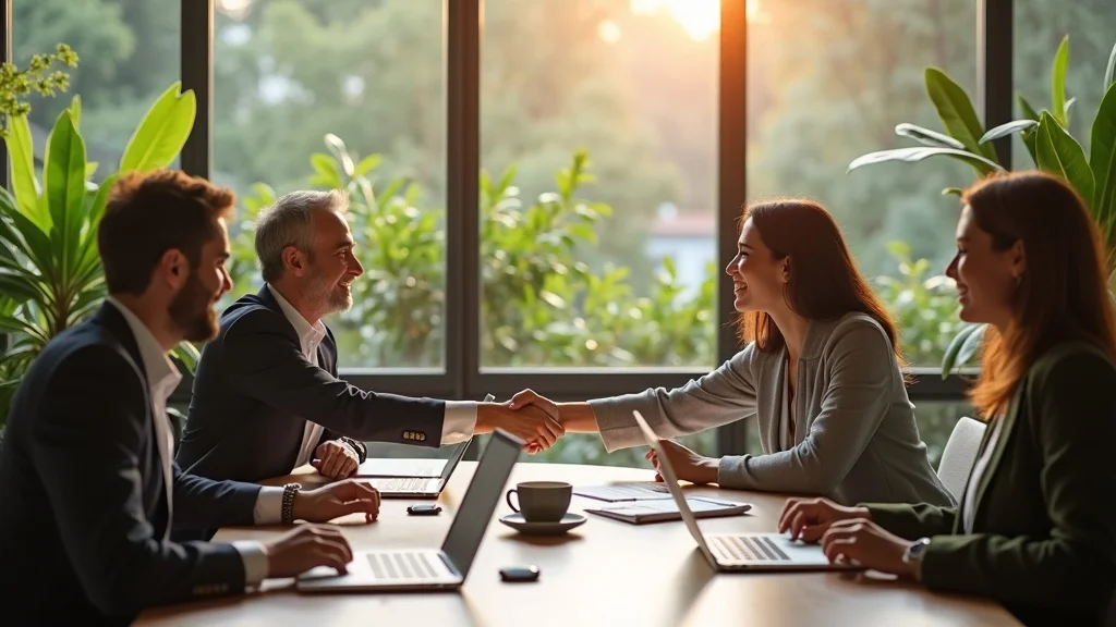 Modern investor meeting, analytical, enthusiastic, founders and investors shaking hands, pitch deck, sunny Orange County office, tech displays, plants &ndash; oc startup ai