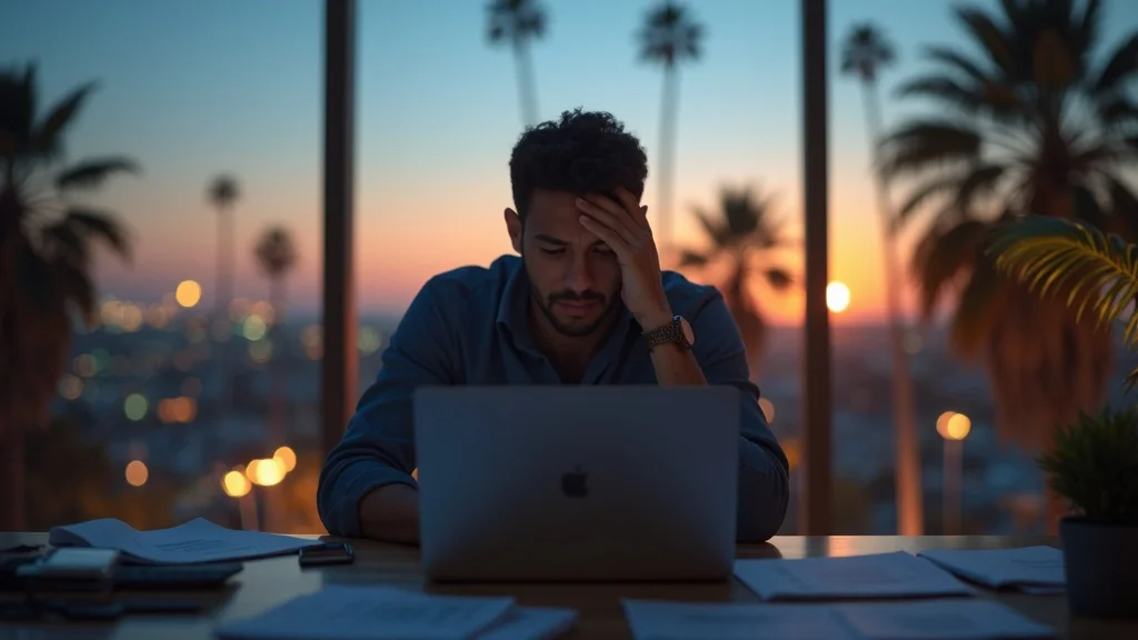 Stressed tech startup founder in Orange County weary but determined expression, founder burnout, sitting alone at a modern office desk at sunset with palm trees and city lights, floor-to-ceiling windows, paperwork, laptop, photorealistic, soft blue and orange palette, golden hour 50mm lens