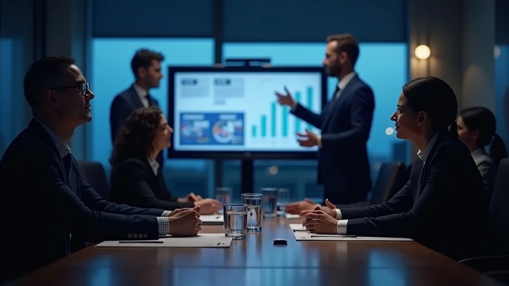 Confident business team presenting a focused pitch deck to venture capital investors, emphasizing key success strategies for startup business plans.