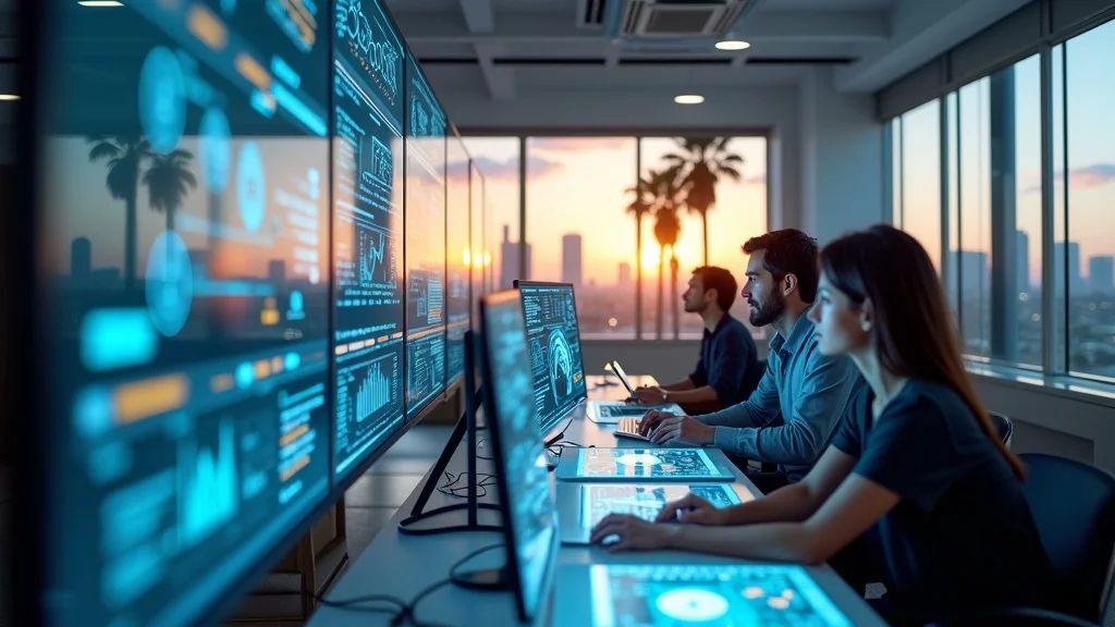 Futuristic Orange County tech startup workspace with founders collaborating and engaging with AI data dashboards, overlooking a palm tree-lined cityscape