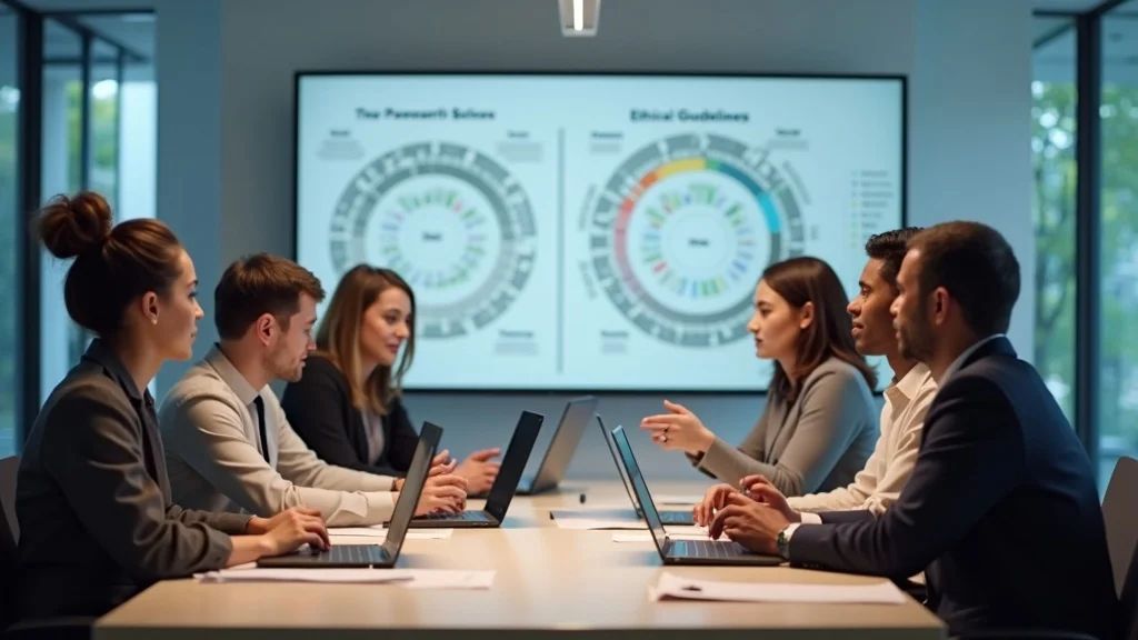 Ethical AI governance scenario, diverse group, conference room, discussing guidelines, laptops, charts, OC startup tech environment