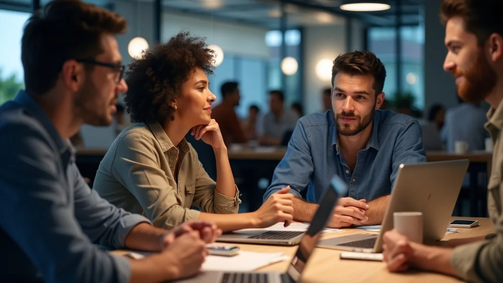 Diverse group of Orange County software engineers collaborating and coding in a modern, bright tech incubator workspace.