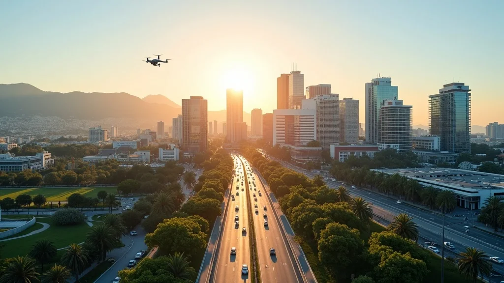 Orange County tech startup cityscape, modern office buildings, bustling parks, and coastal views at sunrise