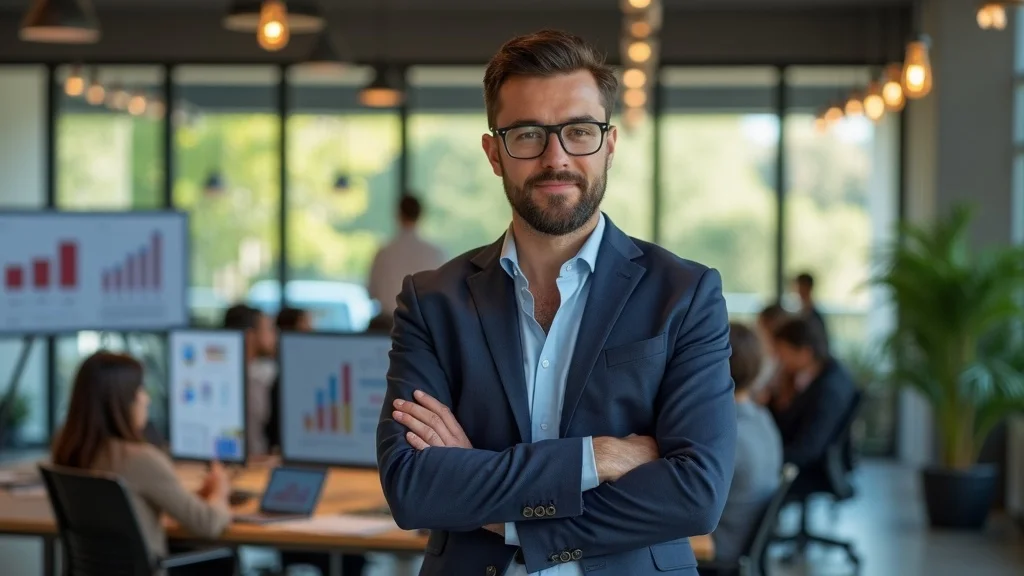 Visionary Orange County founder, confident and thoughtful, modern office, digital product mockups, AI charts, collaboration &ndash; orange county tech startup ai-first business model