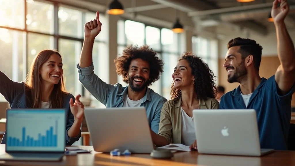 Vibrant Orange County tech office with diverse founders celebrating over laptops showing financial charts. Orange County tech startup funding success in sunlit open-plan coworking space.