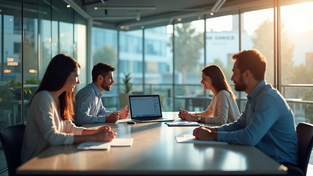 Modern Orange County tech office with founders collaborating, glass-walled conference room, natural sunlight, and branded coworking space in Irvine.