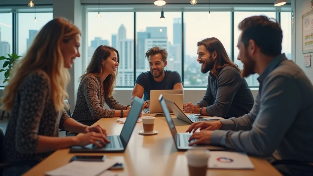 Energetic startup team, diverse entrepreneurs, laptops, modern Orange County office, city views, vibrant coworking space &ndash; orange county tech startup ai-first business model