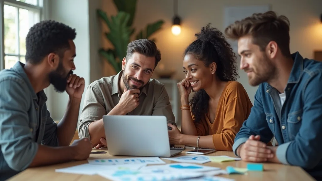 Startup founders analyzing digital charts for product market fit in a coworking space