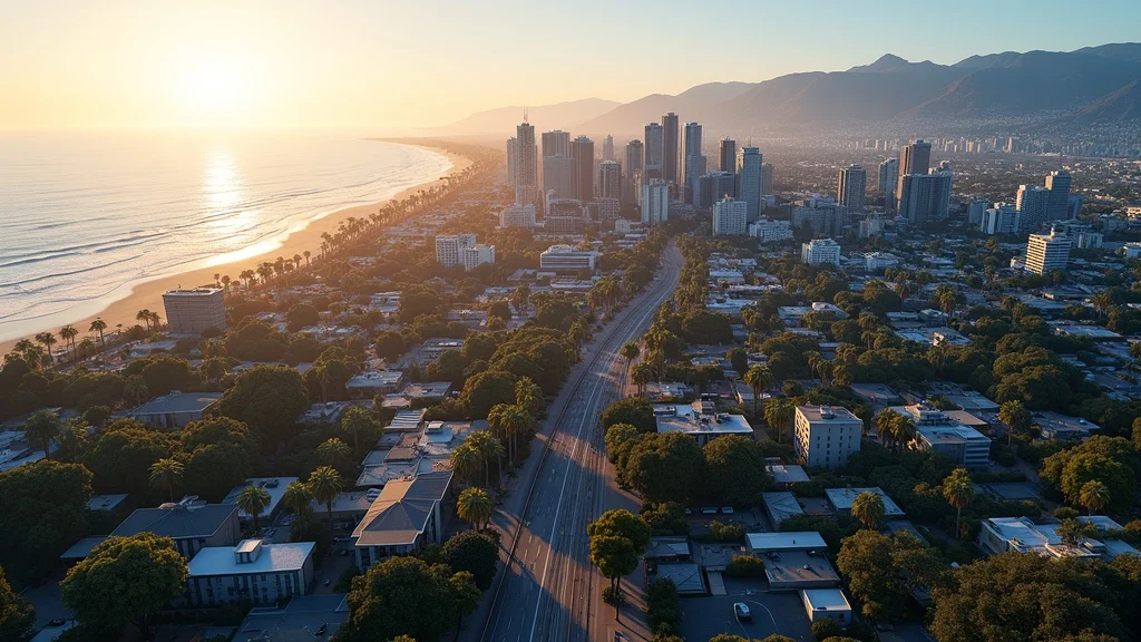Aerial view of Orange County tech districts in Irvine, Costa Mesa, and Newport Beach showing cityscape, modern offices, palm trees, and tech-driven areas.