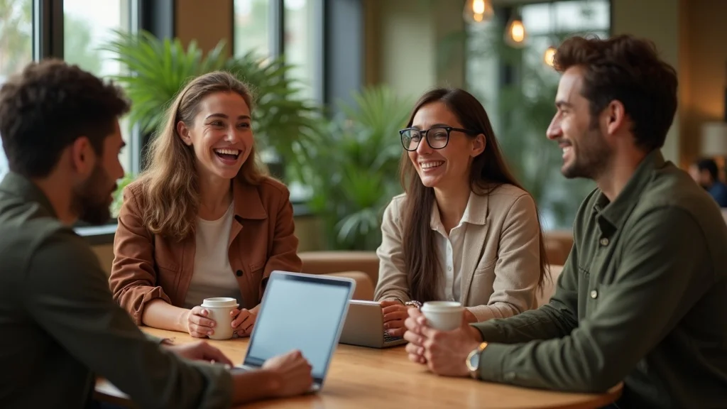 Small group of tech founders networking and laughing in an informal Orange County coworking hub with greenery and relaxed atmosphere.
