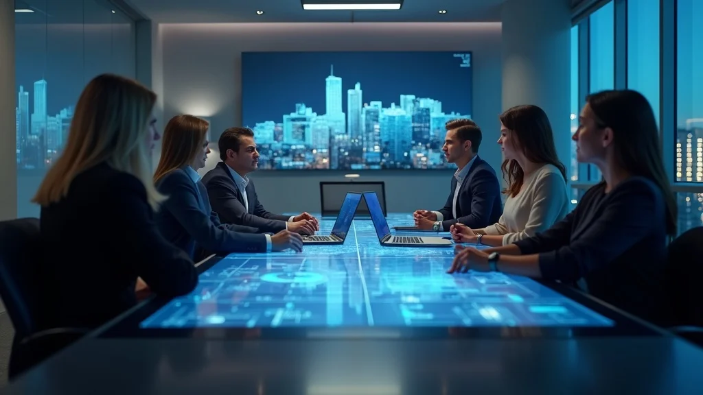 High-stakes Orange County startup meeting focused on AI strategy in a modern conference room with cityscape views