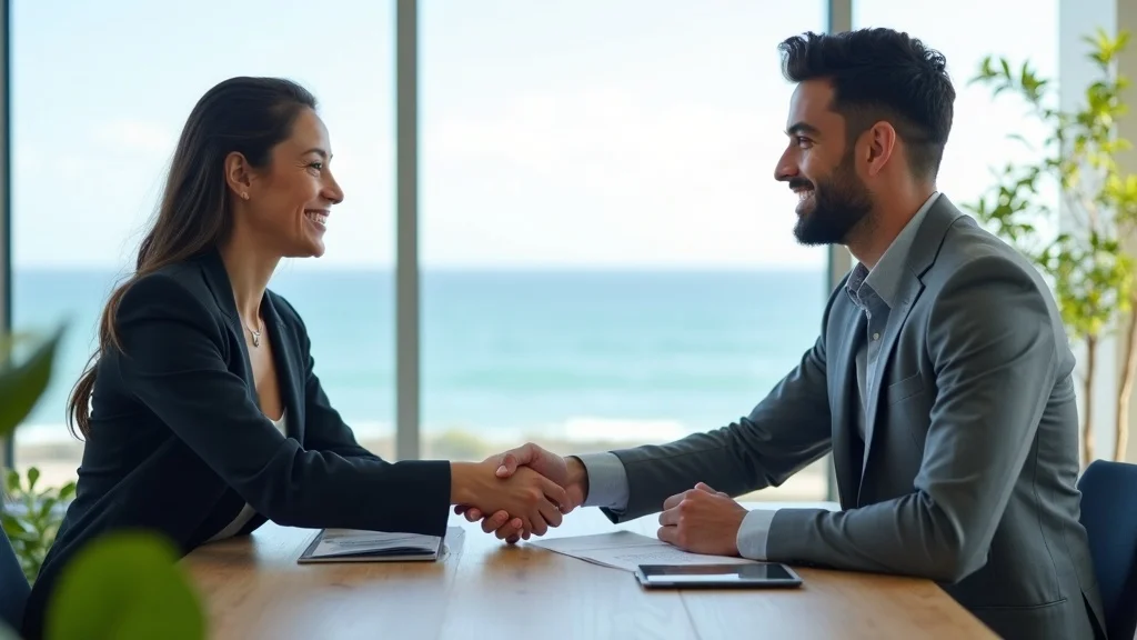 Startup founder shaking hands with Huntington Beach investor in modern office, ocean glimpses, and paperwork