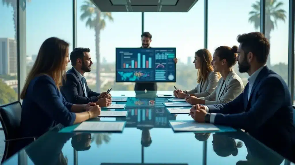 Orange County startup exit strategies boardroom, diverse team reviewing exit plan around conference table, skyline view, digital screens, high realism