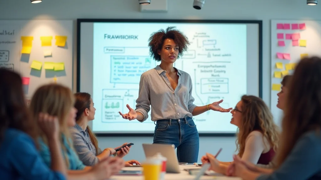 Energetic workshop facilitator presenting growth frameworks at an innovation lab in Irvine — irvine ca tech startup growth guide, photorealistic, collaborative setting