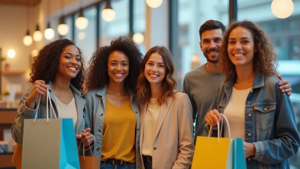 Startup marketing strategies loyal happy customers in friendly retail environment with branded decor