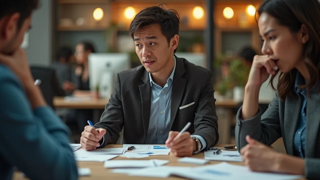 Tense startup moment — candid expression, young marketer in business-casual attire sits at a shared desk surrounded by mixed branding materials and confused coworkers, styled as photorealistic, set in a modern Orange County office; visible are contrasting designs and scattered notes, featuring papers in mid-motion, ambient office blur, rendered with tight depth of field, textured detail, pops of brand colors, warm indoor lighting, shot with a 85mm lens.