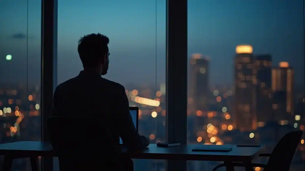 Orange County startup founder reflecting by office window at dusk, skyline background, high realism