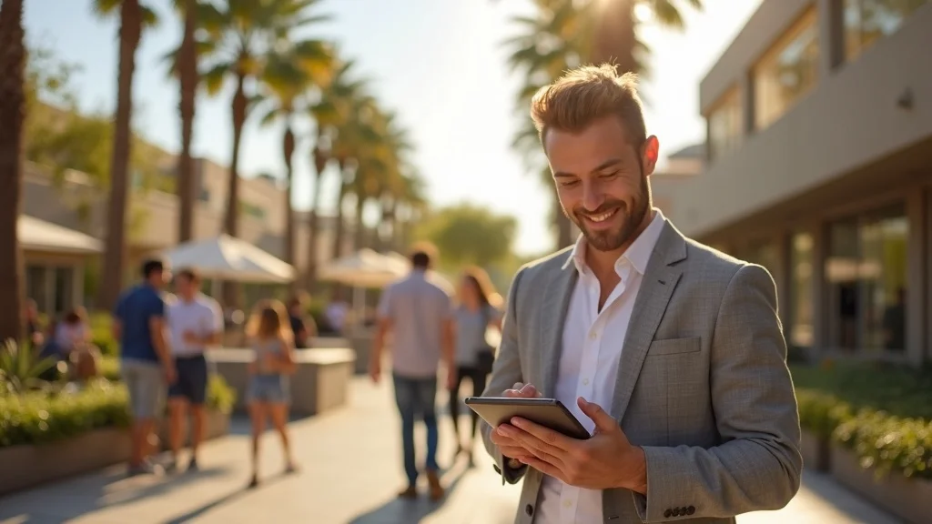 Inspiring Orange County tech founder working on a tablet in an outdoor urban setting&mdash;Orange County startup founder in local environment