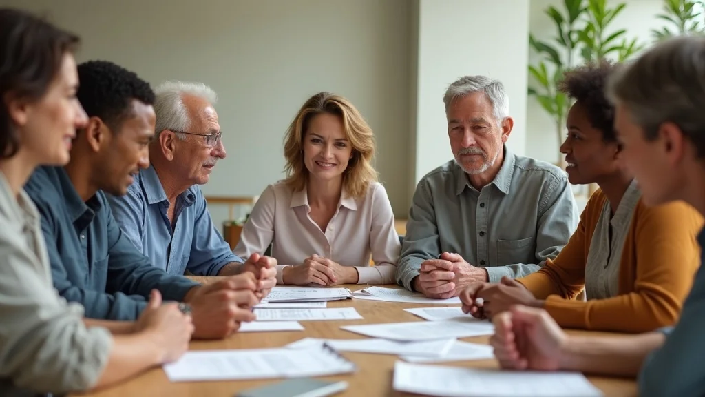 Diverse group of Irvine residents discussing individual tax return planning at local community center