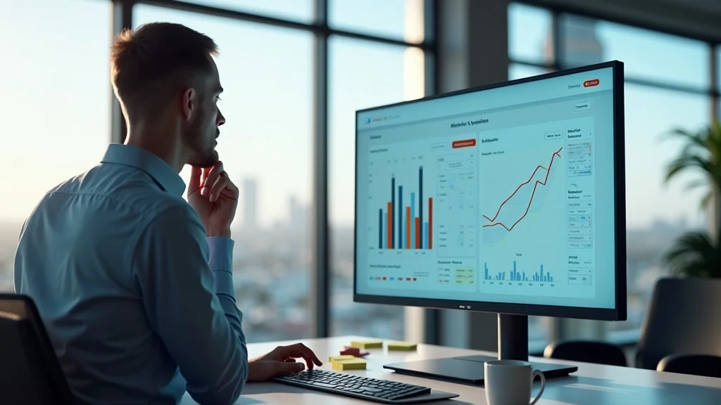 Tech founder analyzing growth dashboard on large monitor—business metrics and charts in contemporary Huntington Beach office