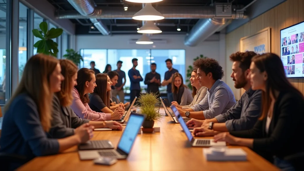 Orange County accelerator space full of energetic founders networking, demoing products with laptops, VR headsets, and creative displays, in a modern workspace with pendant lighting.