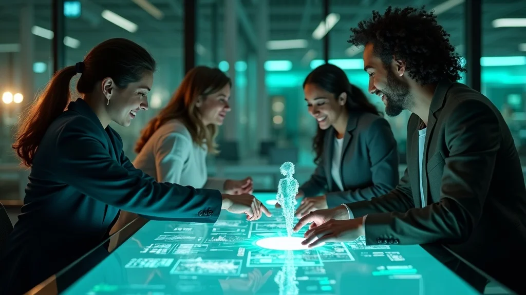 Hybrid workforce collaboration using founder best practices, AI and human at digital touchscreen