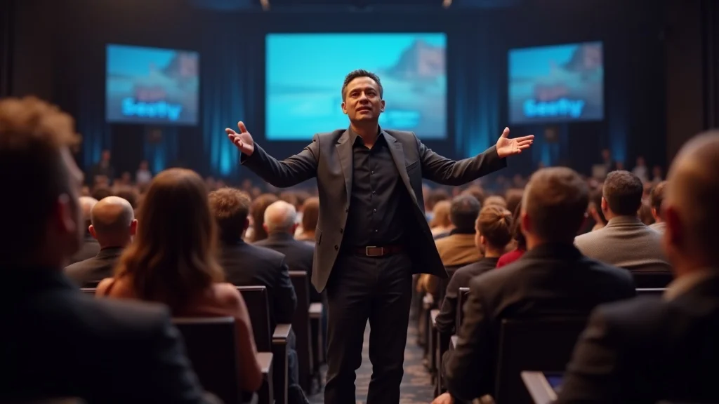 Orange County founder pitching at a bustling startup event to attentive investors—showcasing confidence and the power of the local startup ecosystem in accelerating growth