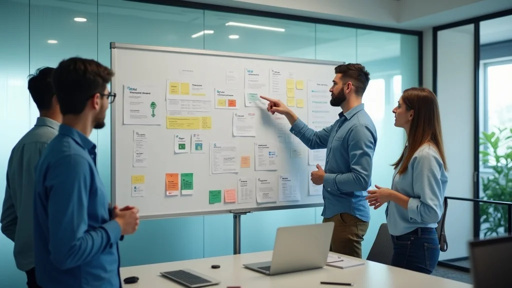 Startup marketing strategies team brainstorming brand identity elements in a modern startup office
