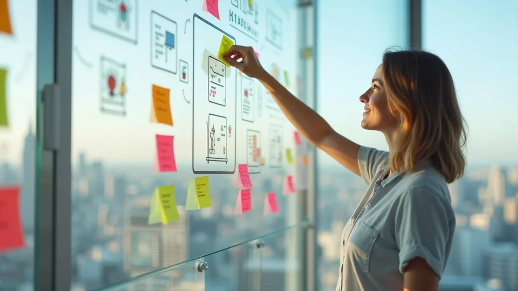 Creative brand mapping workspace — positive, thoughtful marketing manager placing colored sticky notes and icons on a large wall diagram, styled as photorealistic, set in a bright, modern office meeting space with city skyline view, featuring organized diagrams, vibrant post-its, clear glass boards, rendered with moderate depth of field, rich and smooth texture, colorful yet harmonious palette, illuminated by midday sunlight, shot with a 35mm lens.