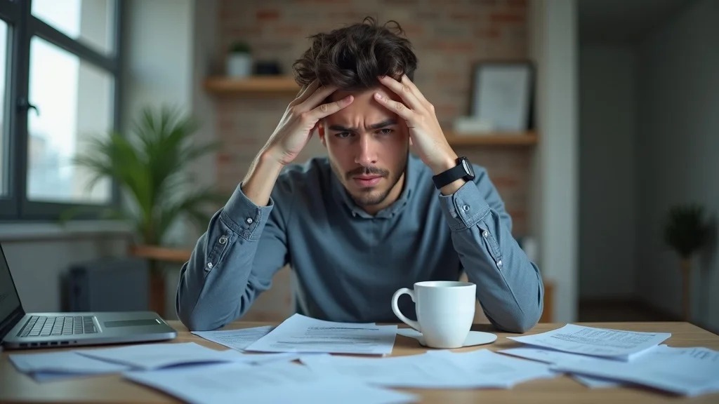 Stressed individual reviewing tax documents for individual tax return services Irvine during tax season