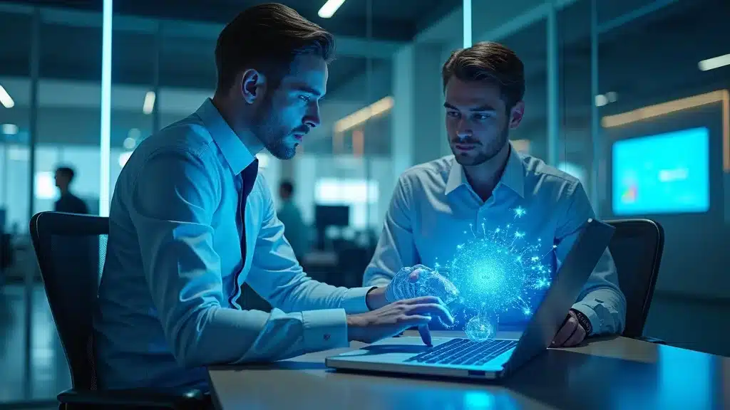 Tech startup founder in Orange County collaborating with AI agent in glass-walled office, high-tech displays and holograms, ultra-realistic lighting, high clarity