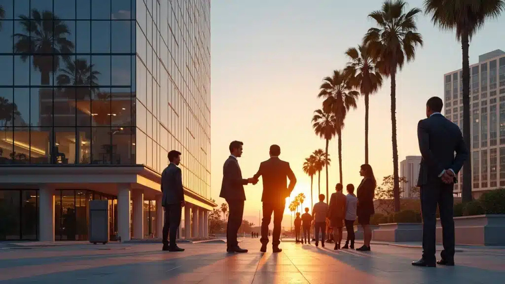Orange County startup exit strategies vibrant modern cityscape with founders in business-casual near glass office building, dynamic sunset tones, high realism