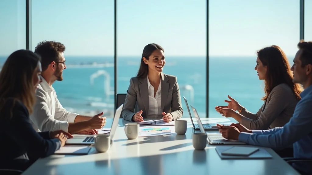 Orange County SaaS sales expert presents pricing plans in a coastal-view boardroom, discussing contract strategies to reduce customer churn rate and maximize recurring revenue