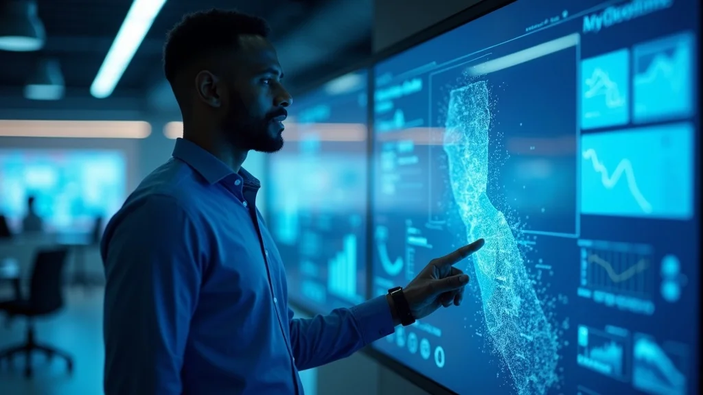 Confident Orange County tech founder interacting with a data visualization dashboard, using frameworks for growth metrics Orange County tech startup founders should track in a modern tech lab environment.