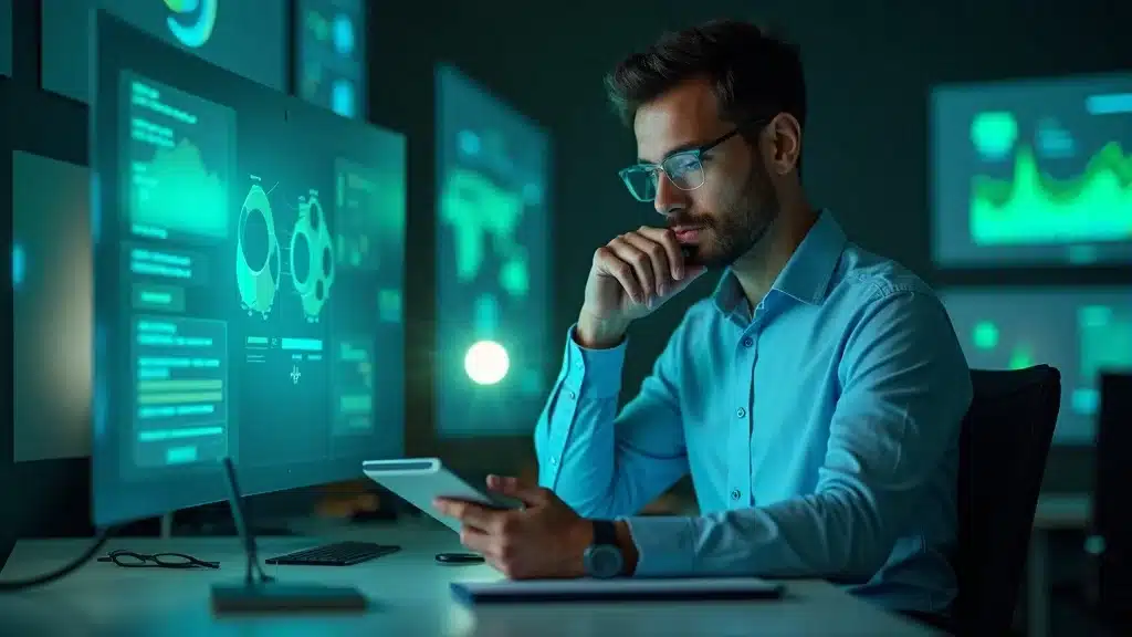 ai strategist analyzing branded data insights on a tablet, ensuring ai brand authority standards