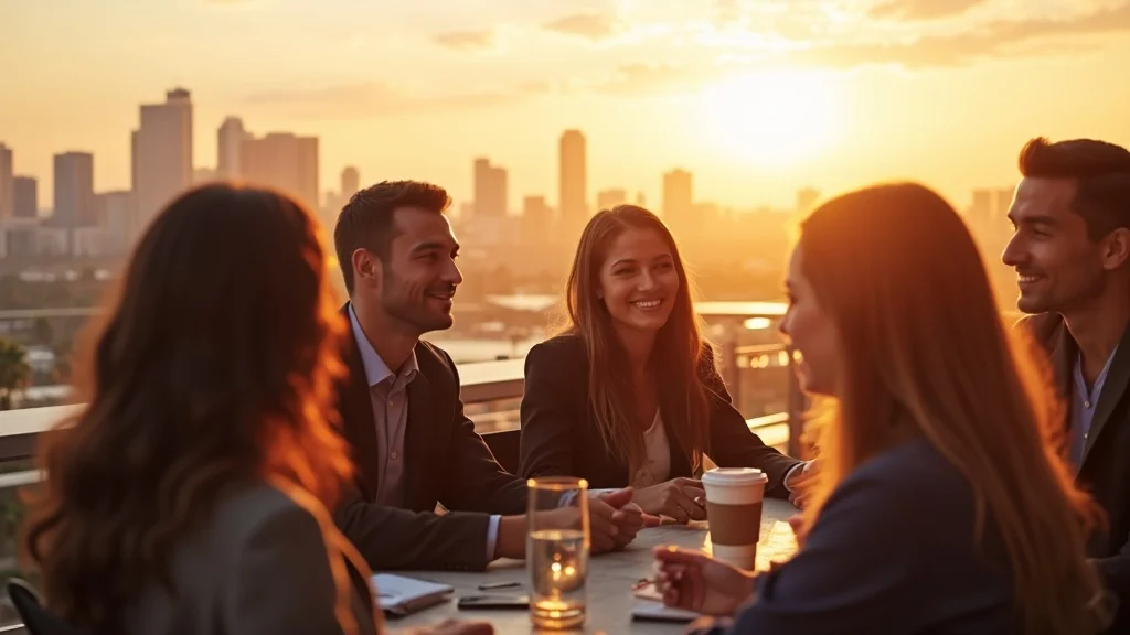 Vibrant Orange County cityscape with entrepreneurs discussing small business funding and regional investment during sunset