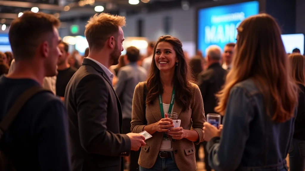 Orange County startup founders networking, exchanging business cards, and chatting at a tech event&mdash;ways to access Orange County startup investors